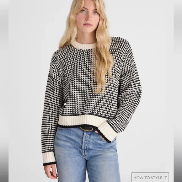 Madewell Textured-Stitch Crewneck Sweater 100% Cotton in Ivory And Black Stripe - Picture 10 of 13